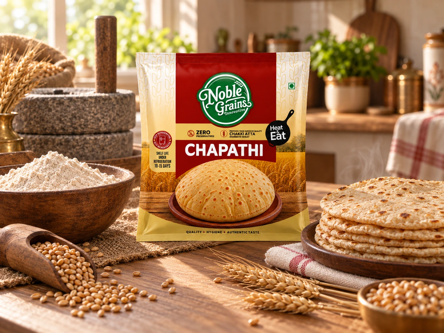 Noble Grains pack with Sharbati wheat, atta and a stone mill. Brand illustration.