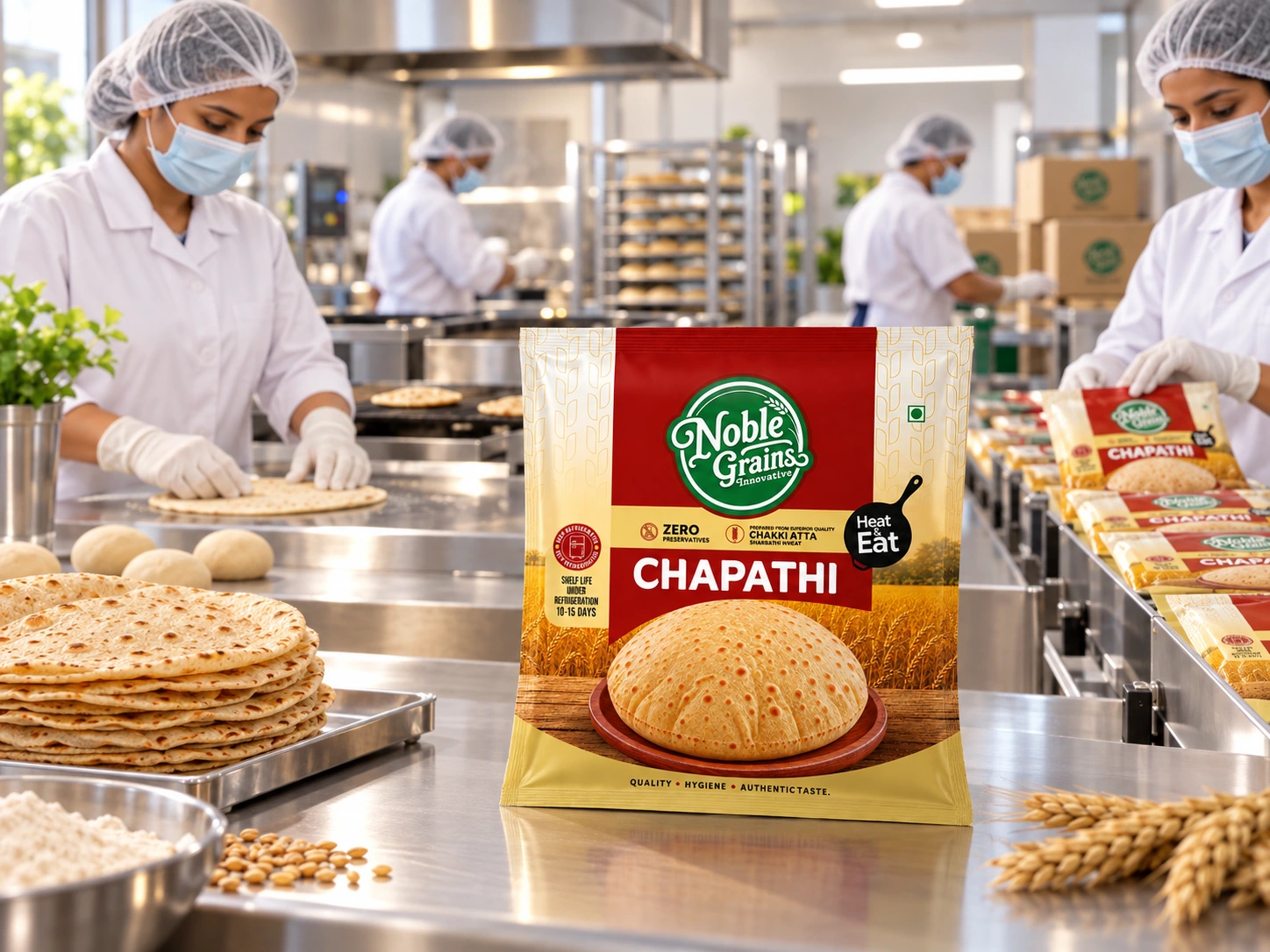 Brand illustration of careful chapati preparation and packing, with gloved workers and a Noble Grains pack.