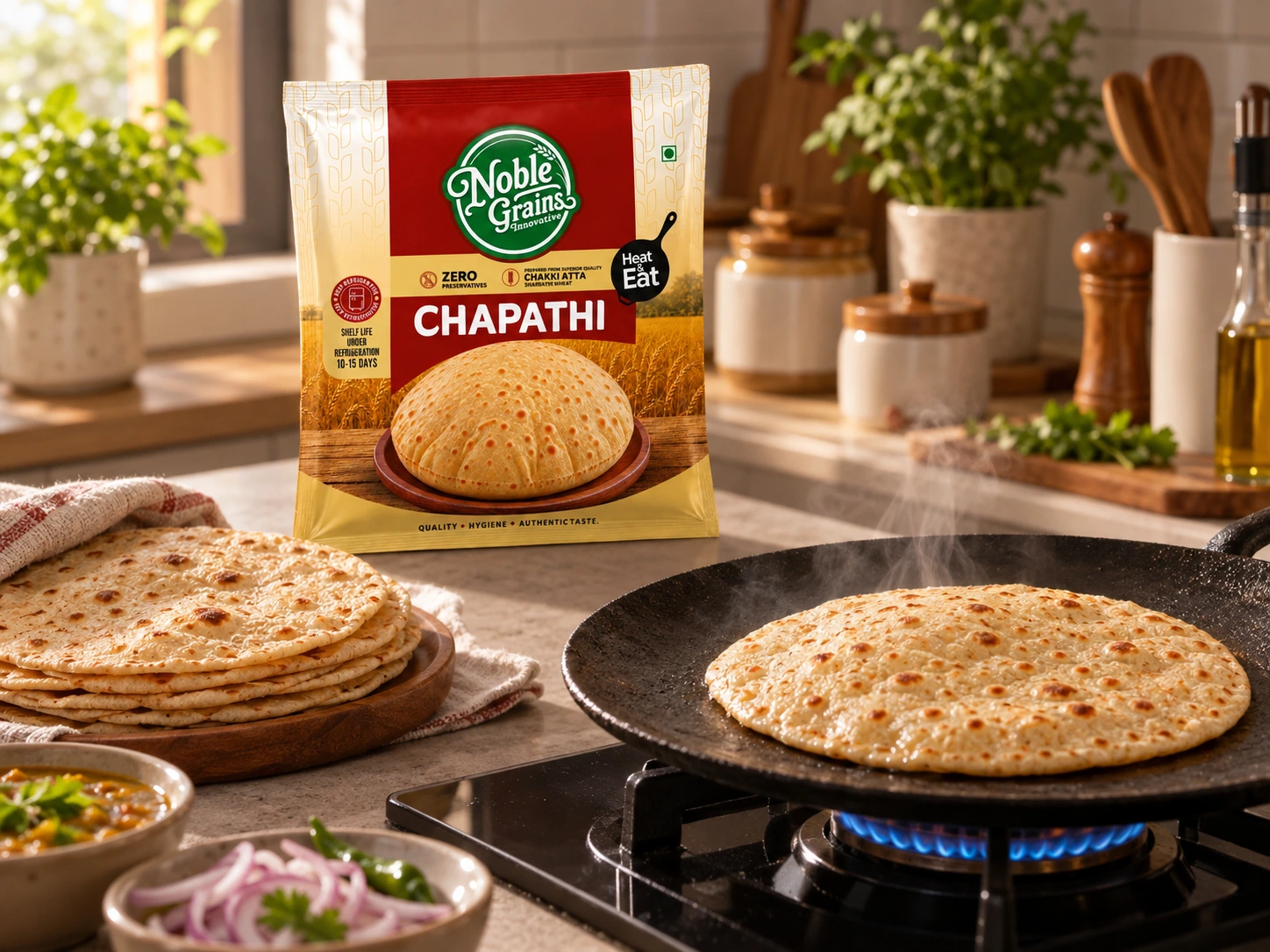 Noble Grains pack beside chapatis finishing on a tawa in a home kitchen. Brand illustration.