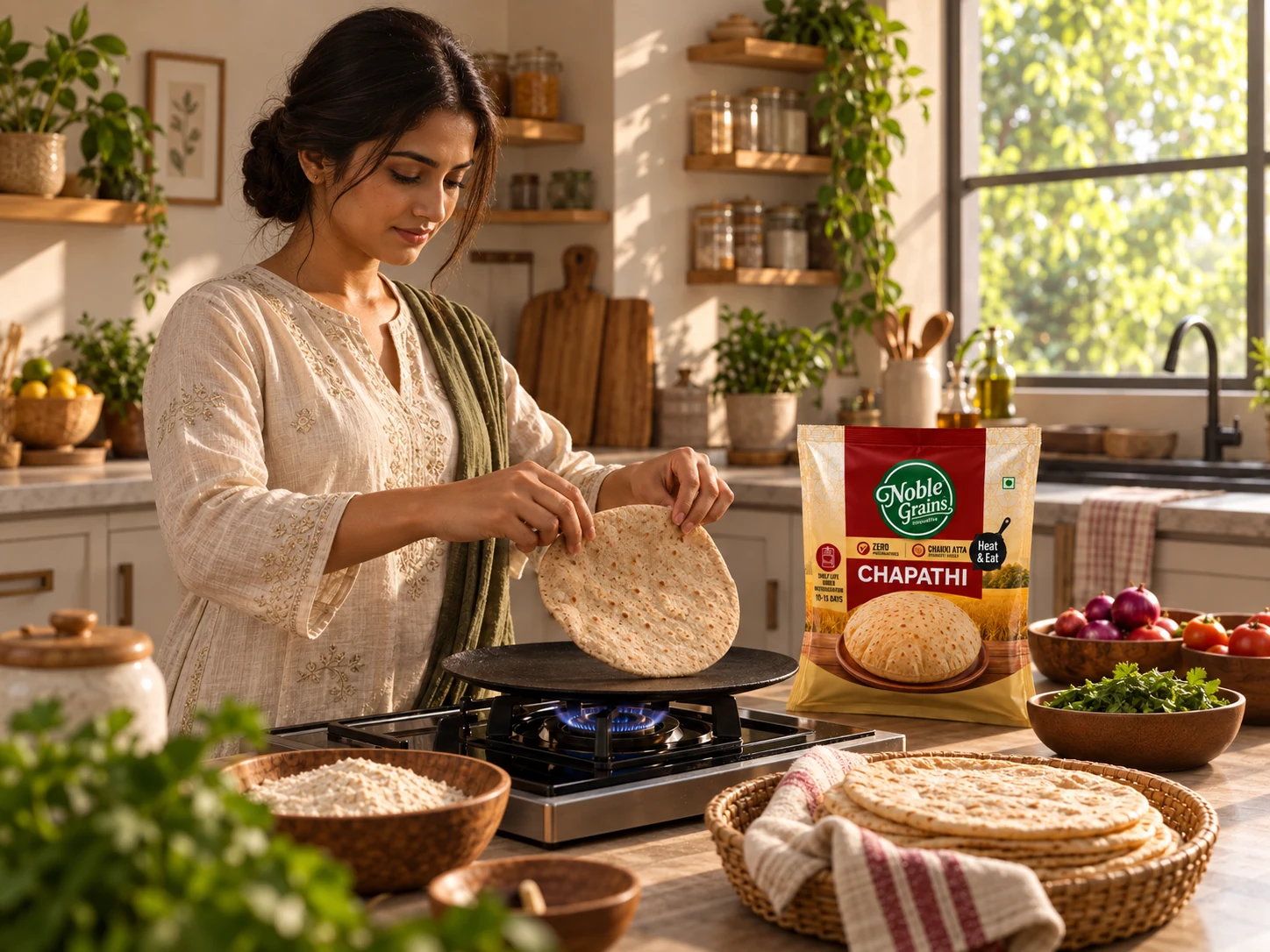 Wider illustrative kitchen scene with complete head, hands, tawa, chapati and branded pack.