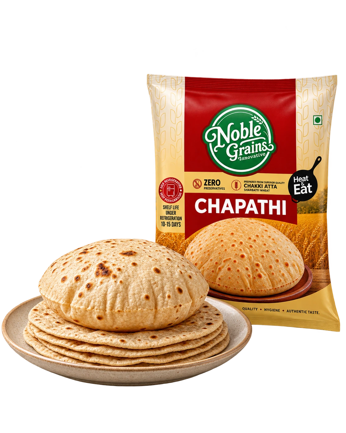 Noble Grains chapati pack alongside a plate of stacked chapatis with a puffed chapati on top. Product illustration.