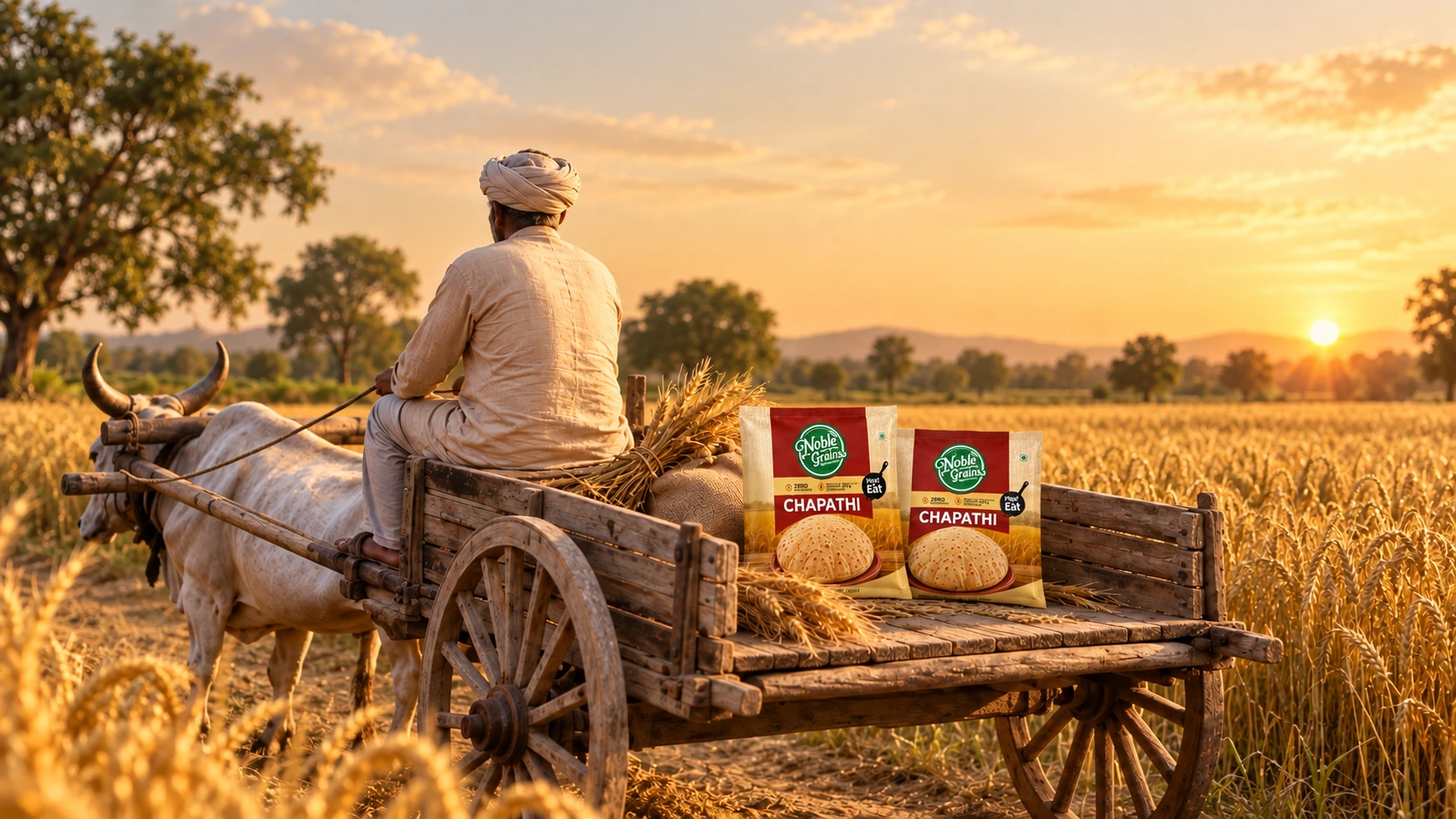 Brand illustration of two Noble Grains chapati packs on a wooden cart in a golden wheat field.