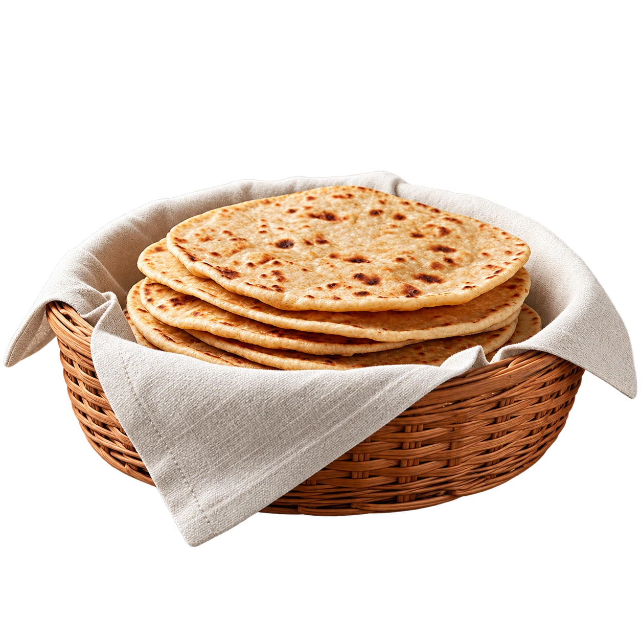 A basket of cooked chapatis, illustrating the soft texture and familiar food that inspire Noble Grains.