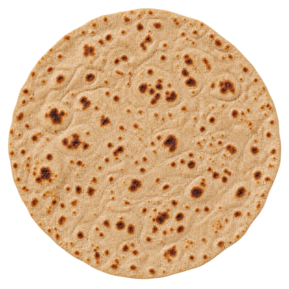 A whole cooked chapati, seen from above, showing its texture and toasted surface. Illustration.