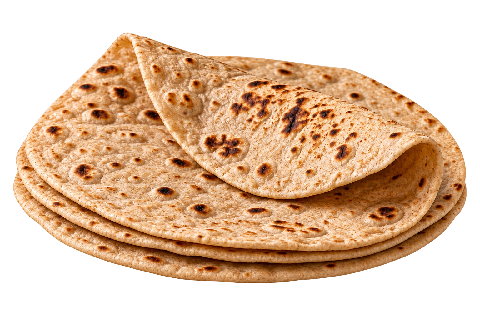 Cooked chapatis with the top chapati gently folded to show its texture. Illustration.